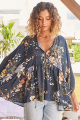 JAASE - Chloe Top: Very Oversized Crochet Trim Neckline Smock Top in Indigo Print