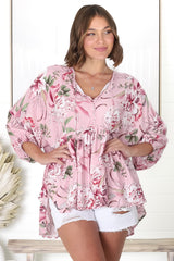 JAASE - Chloe Top: Very Oversized Crochet Trim Neckline Smock Top In Pink Lotus