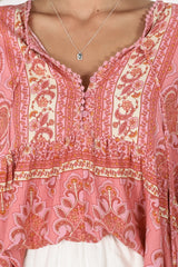 JAASE - Chloe Top: Very Oversized Crochet Trim Neckline Smock Top in Strawberries and Cream Print