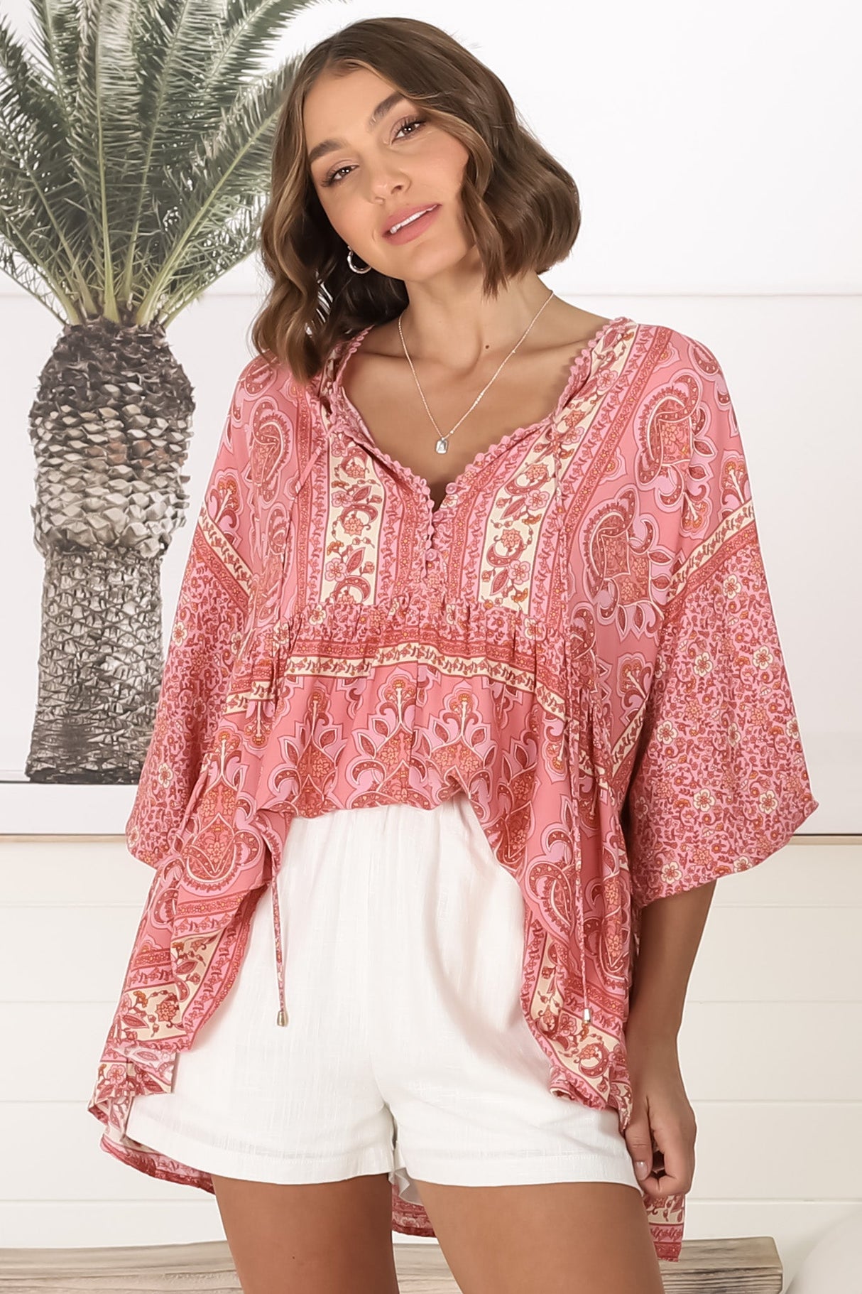 JAASE - Chloe Top: Very Oversized Crochet Trim Neckline Smock Top in Strawberries and Cream Print