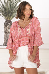 JAASE - Chloe Top: Very Oversized Crochet Trim Neckline Smock Top in Strawberries and Cream Print