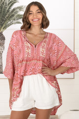 JAASE - Chloe Top: Very Oversized Crochet Trim Neckline Smock Top in Strawberries and Cream Print