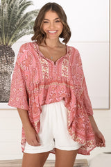 JAASE - Chloe Top: Very Oversized Crochet Trim Neckline Smock Top in Strawberries and Cream Print