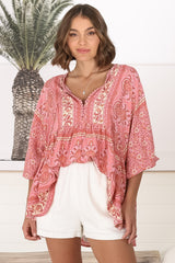 JAASE - Chloe Top: Very Oversized Crochet Trim Neckline Smock Top in Strawberries and Cream Print
