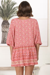 JAASE - Chloe Top: Very Oversized Crochet Trim Neckline Smock Top in Strawberries and Cream Print