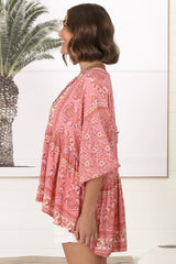 JAASE - Chloe Top: Very Oversized Crochet Trim Neckline Smock Top in Strawberries and Cream Print