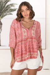 JAASE - Chloe Top: Very Oversized Crochet Trim Neckline Smock Top in Strawberries and Cream Print