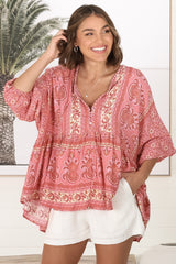 JAASE - Chloe Top: Very Oversized Crochet Trim Neckline Smock Top in Strawberries and Cream Print