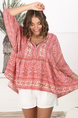 JAASE - Chloe Top: Very Oversized Crochet Trim Neckline Smock Top in Strawberries and Cream Print