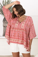 JAASE - Chloe Top: Very Oversized Crochet Trim Neckline Smock Top in Strawberries and Cream Print