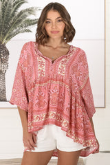 JAASE - Chloe Top: Very Oversized Crochet Trim Neckline Smock Top in Strawberries and Cream Print