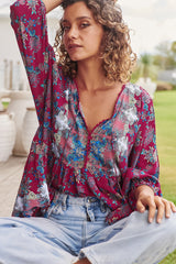 JAASE - Chloe Top: Very Oversized Crochet Trim Neckline Smock Top in Strawberry Kiss Print