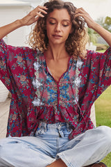 JAASE - Chloe Top: Very Oversized Crochet Trim Neckline Smock Top in Strawberry Kiss Print