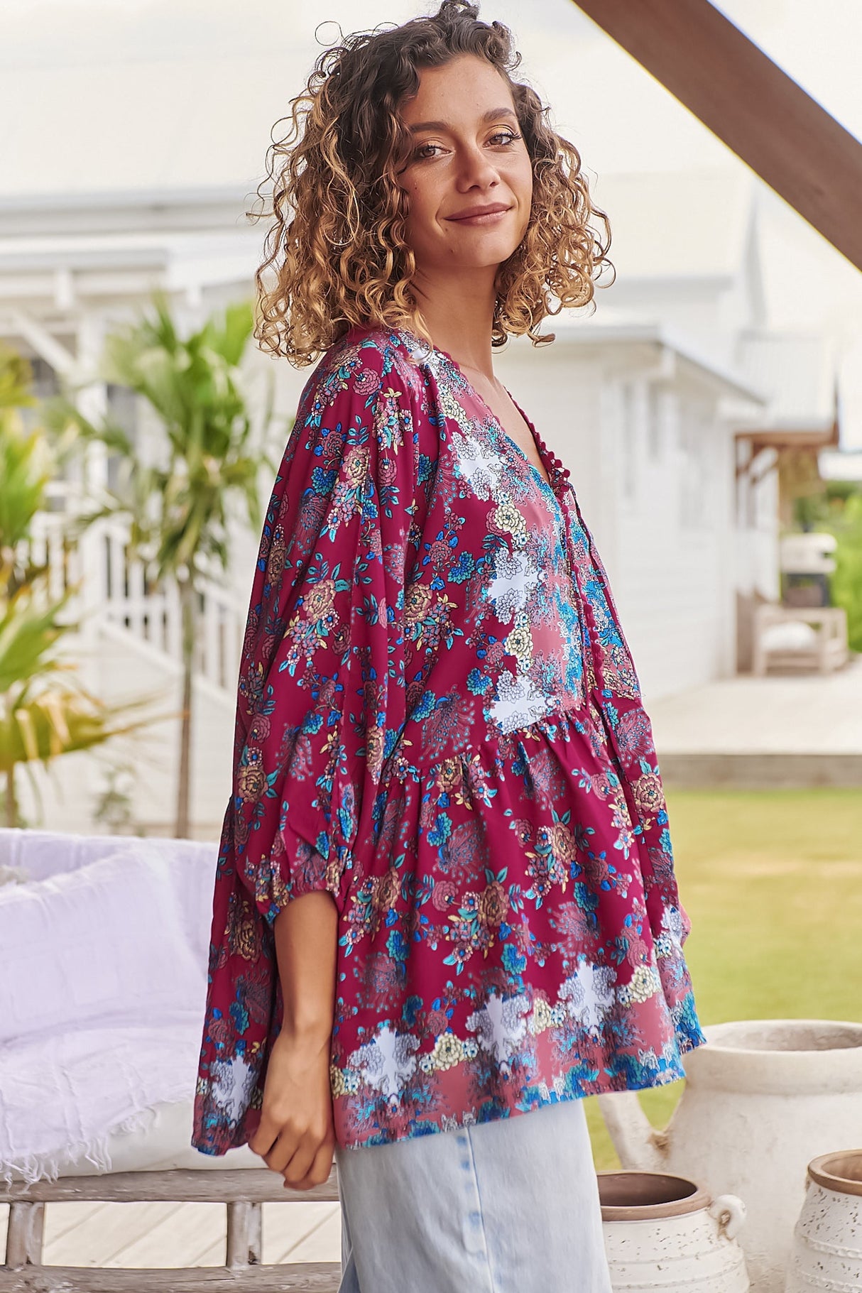 JAASE - Chloe Top: Very Oversized Crochet Trim Neckline Smock Top in Strawberry Kiss Print