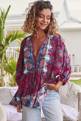 JAASE - Chloe Top: Very Oversized Crochet Trim Neckline Smock Top in Strawberry Kiss Print