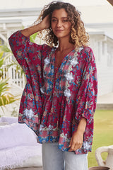 JAASE - Chloe Top: Very Oversized Crochet Trim Neckline Smock Top in Strawberry Kiss Print