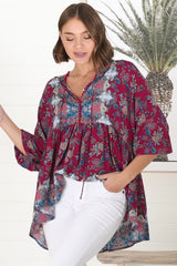 JAASE - Chloe Top: Very Oversized Crochet Trim Neckline Smock Top in Strawberry Kiss Print