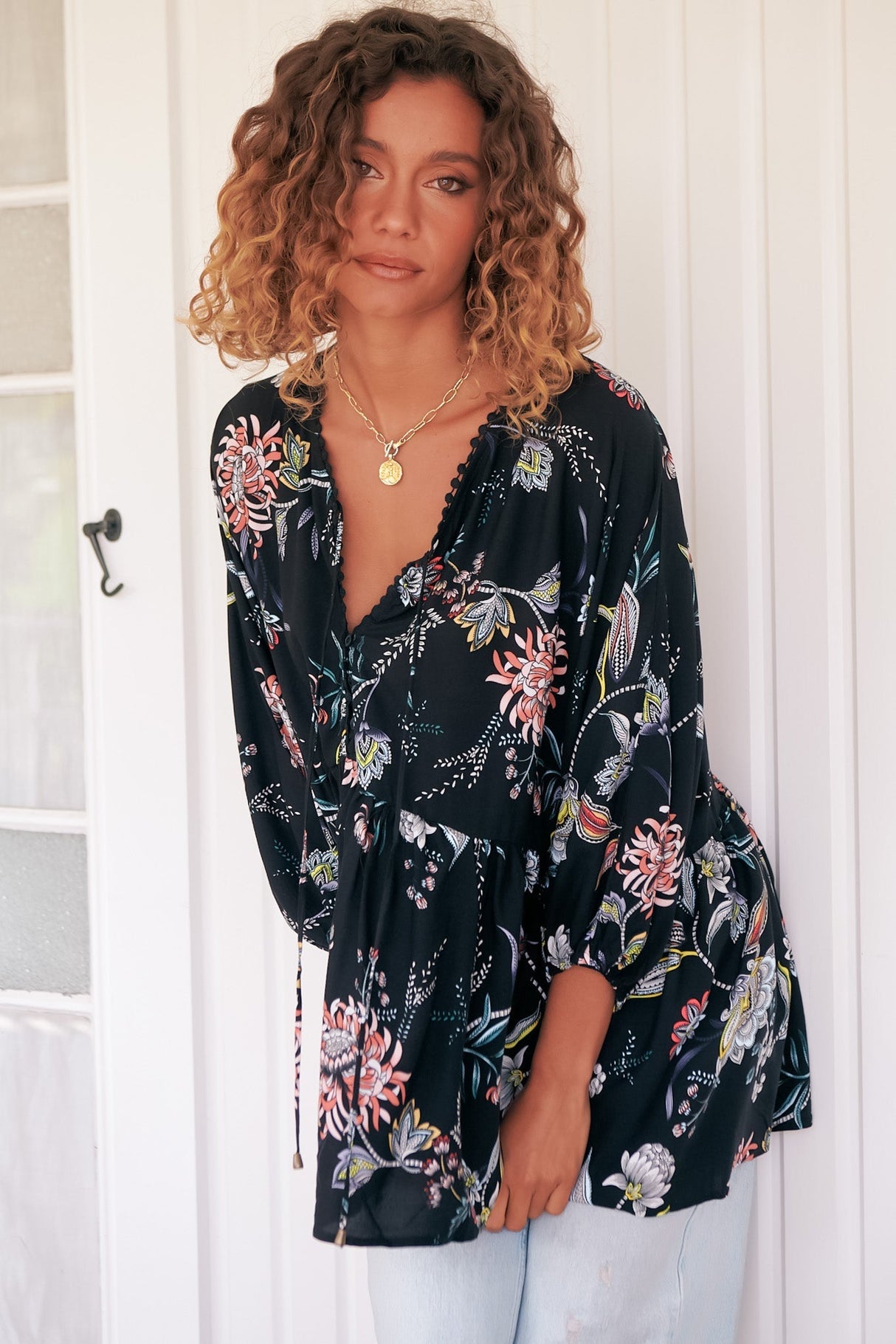 JAASE - Chloe Top: Very Oversized Crochet Trim Neckline Smock Top in Under the Stars Print