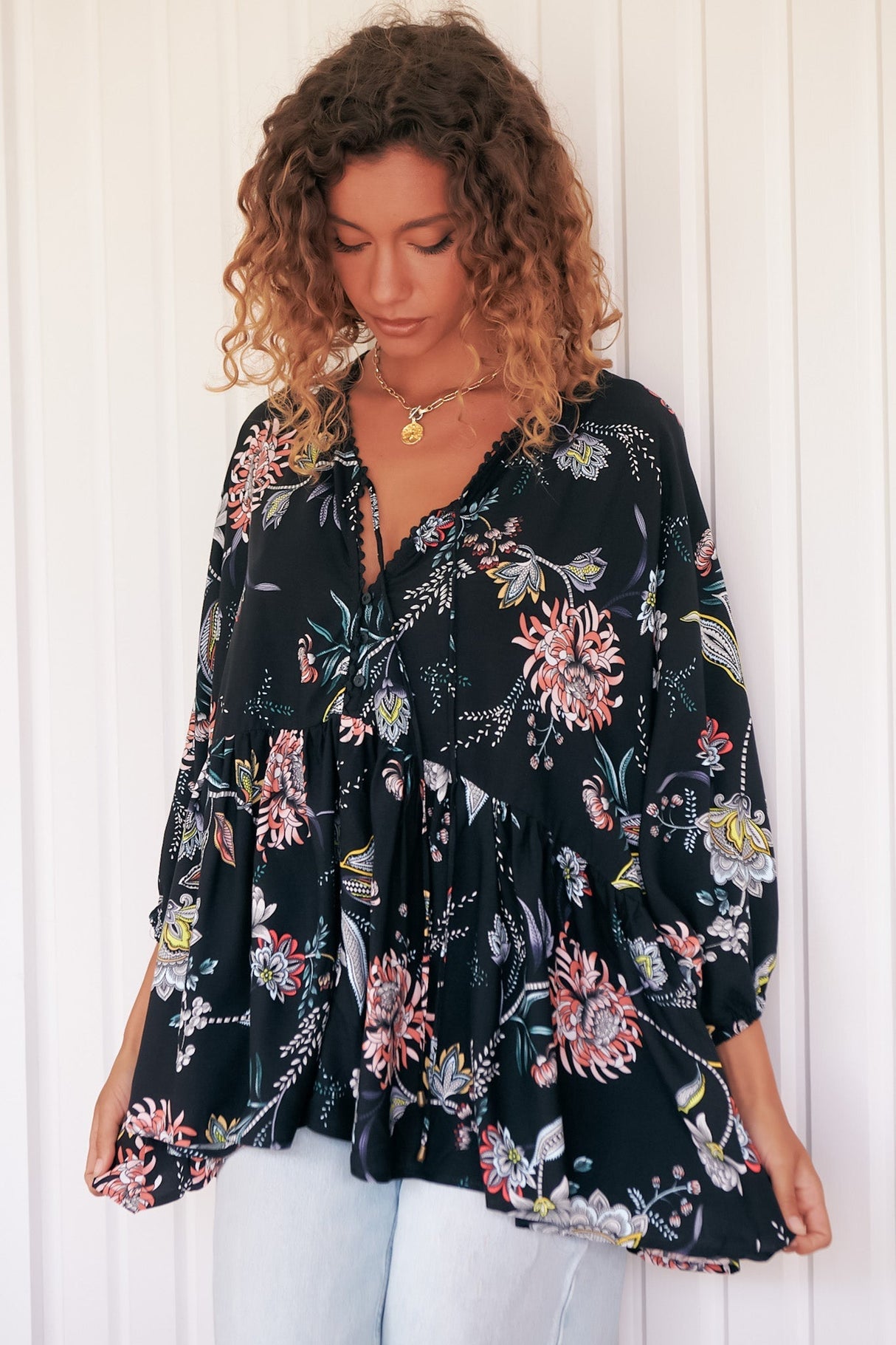 JAASE - Chloe Top: Very Oversized Crochet Trim Neckline Smock Top in Under the Stars Print