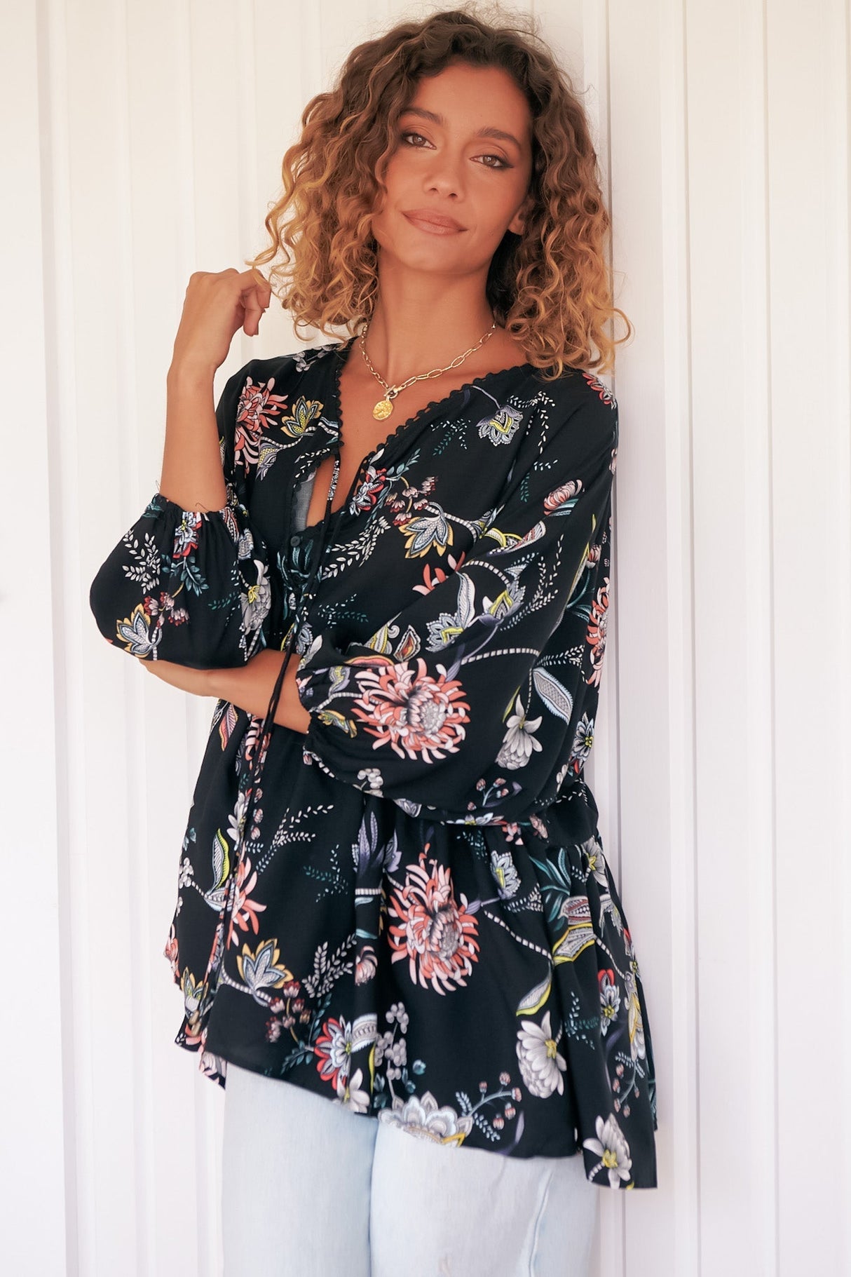 JAASE - Chloe Top: Very Oversized Crochet Trim Neckline Smock Top in Under the Stars Print