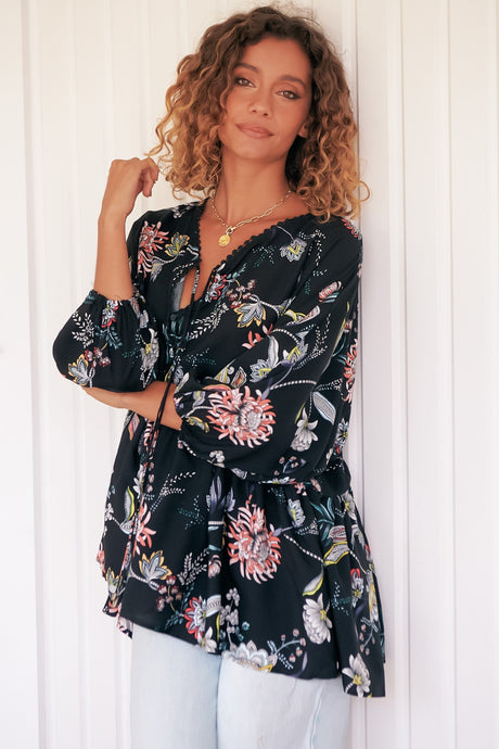 JAASE - Chloe Top: Very Oversized Crochet Trim Neckline Smock Top in Under the Stars Print