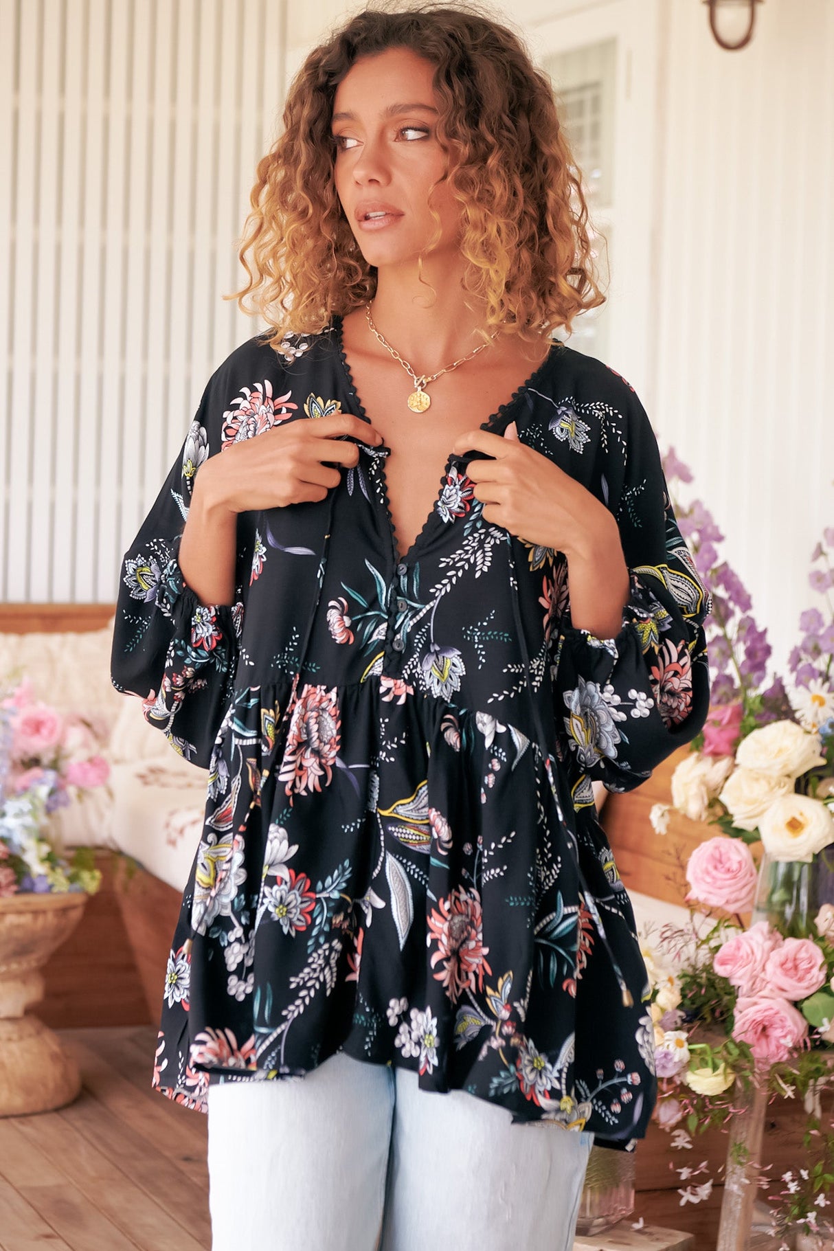 JAASE - Chloe Top: Very Oversized Crochet Trim Neckline Smock Top in Under the Stars Print