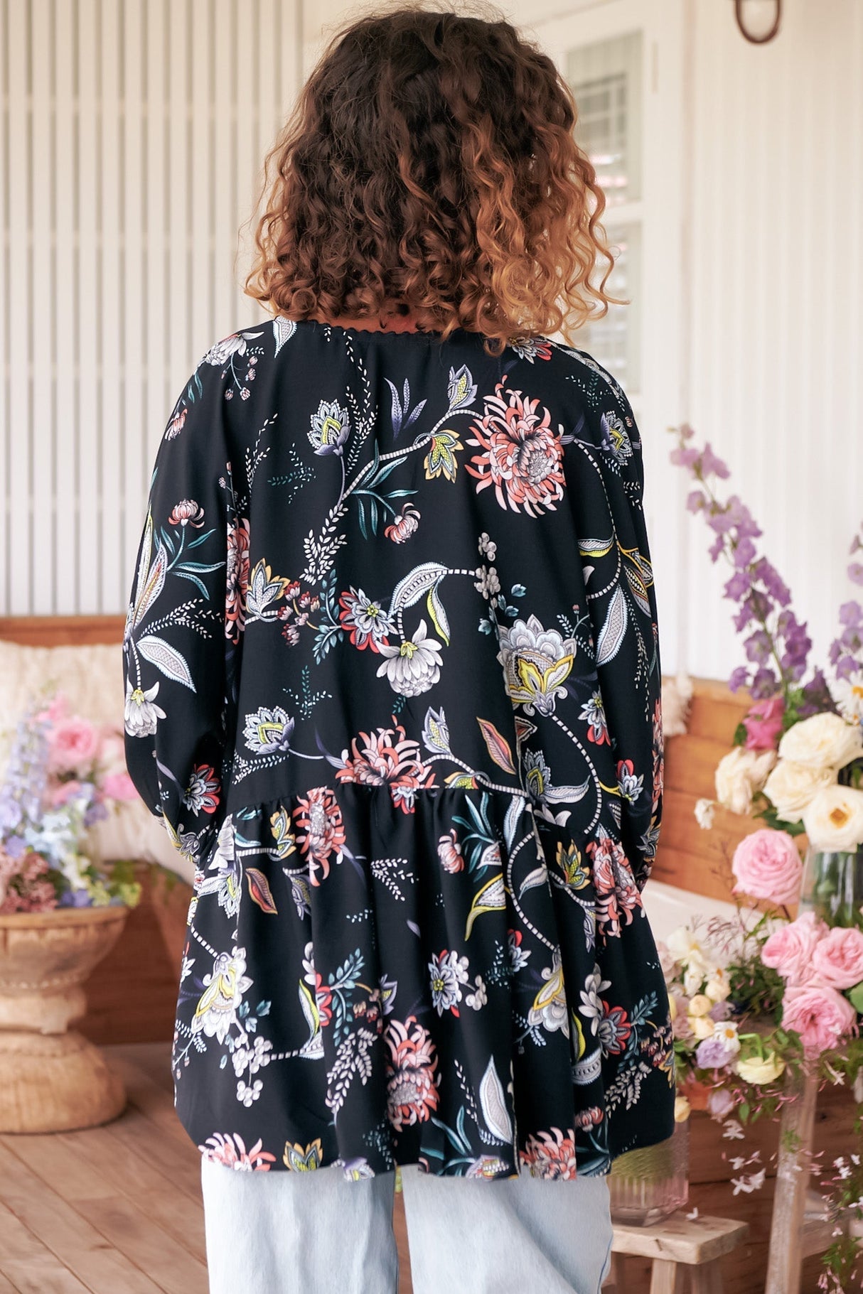 JAASE - Chloe Top: Very Oversized Crochet Trim Neckline Smock Top in Under the Stars Print