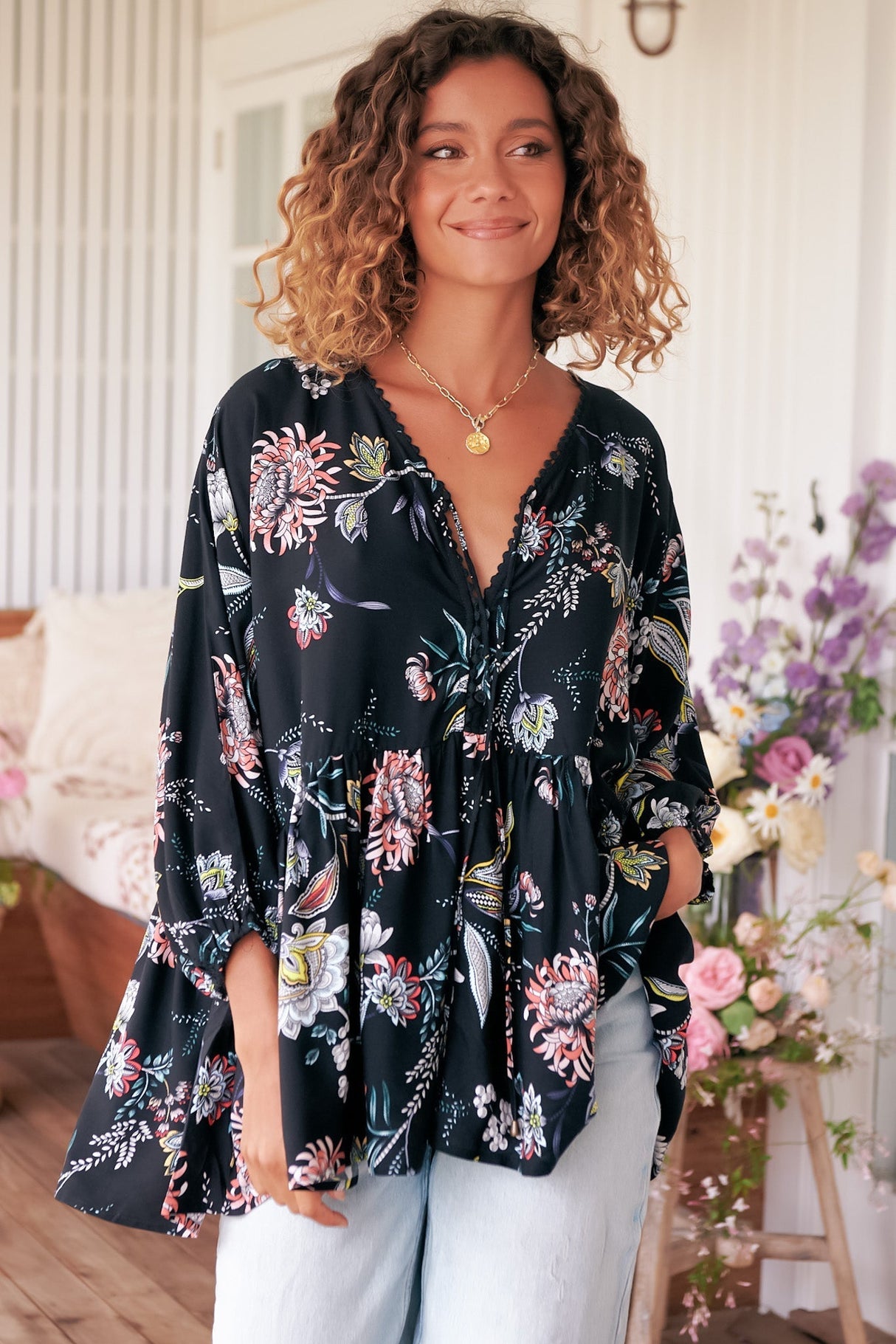JAASE - Chloe Top: Very Oversized Crochet Trim Neckline Smock Top in Under the Stars Print