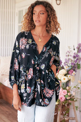 JAASE - Chloe Top: Very Oversized Crochet Trim Neckline Smock Top in Under the Stars Print