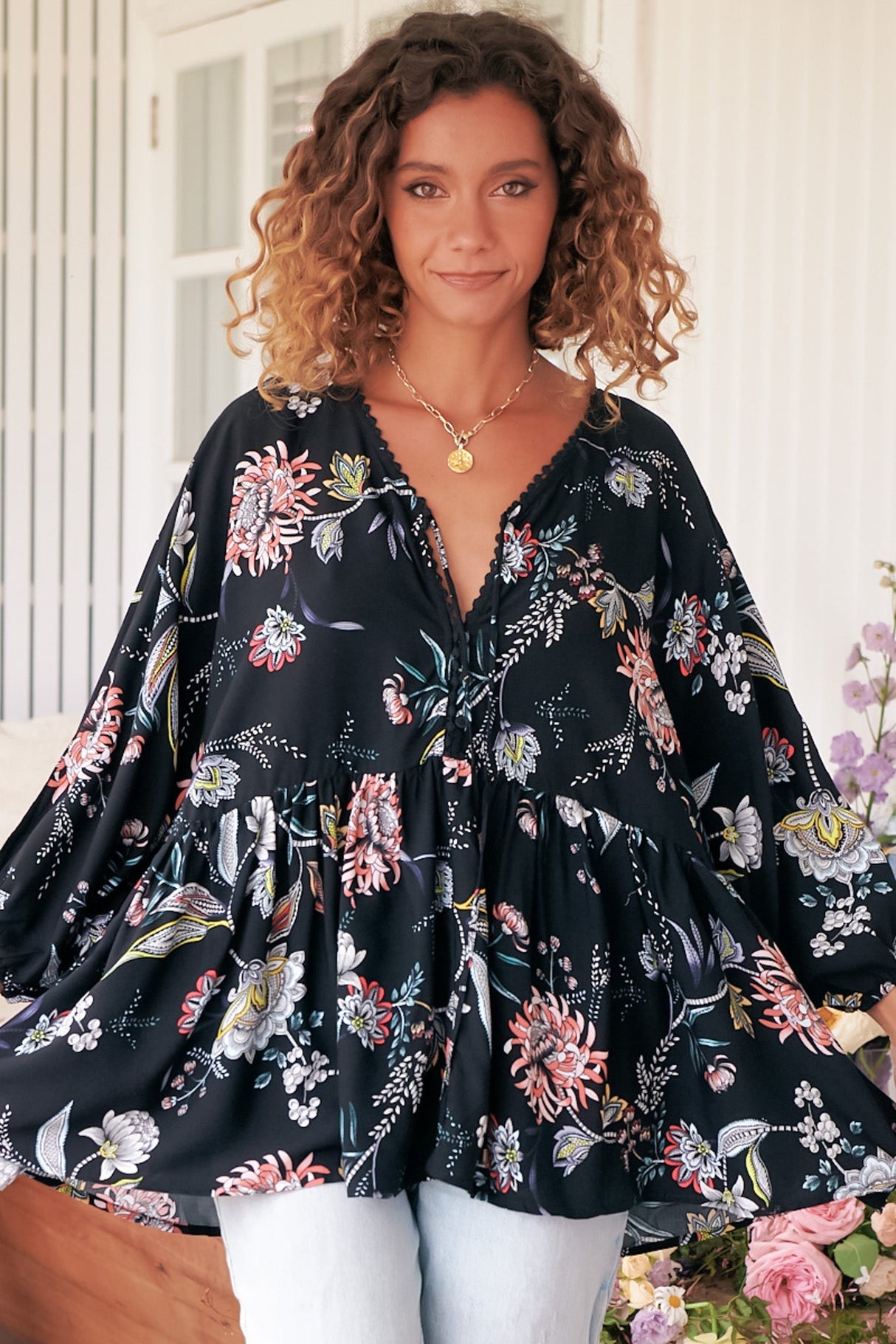 JAASE - Chloe Top: Very Oversized Crochet Trim Neckline Smock Top in Under the Stars Print