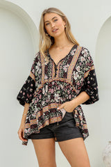 JAASE - Chloe Top: Very Oversized Crochet Trim Neckline Smock Top in Eternity Print