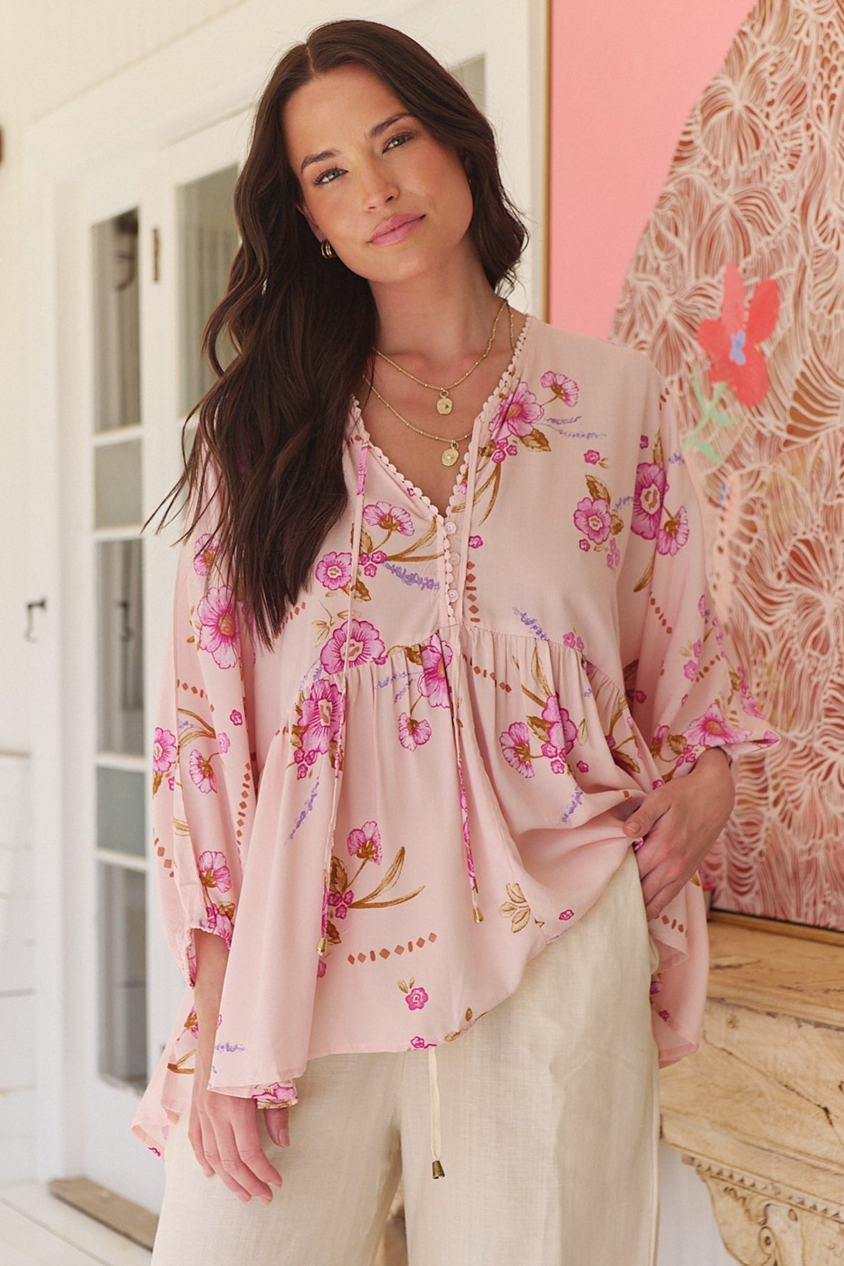 JAASE - Chloe Top: Very Oversized Crochet Trim Neckline Smock Top in Blushing Fields Print