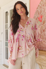 JAASE - Chloe Top: Very Oversized Crochet Trim Neckline Smock Top in Blushing Fields Print