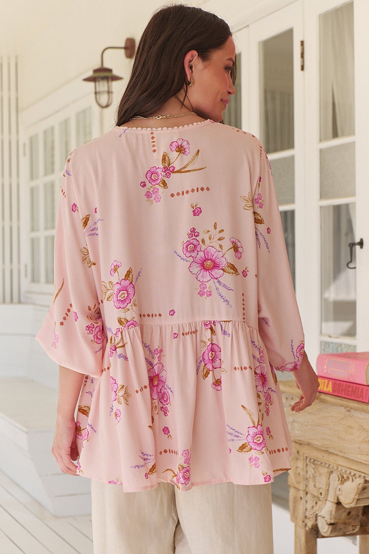 JAASE - Chloe Top: Very Oversized Crochet Trim Neckline Smock Top in Blushing Fields Print