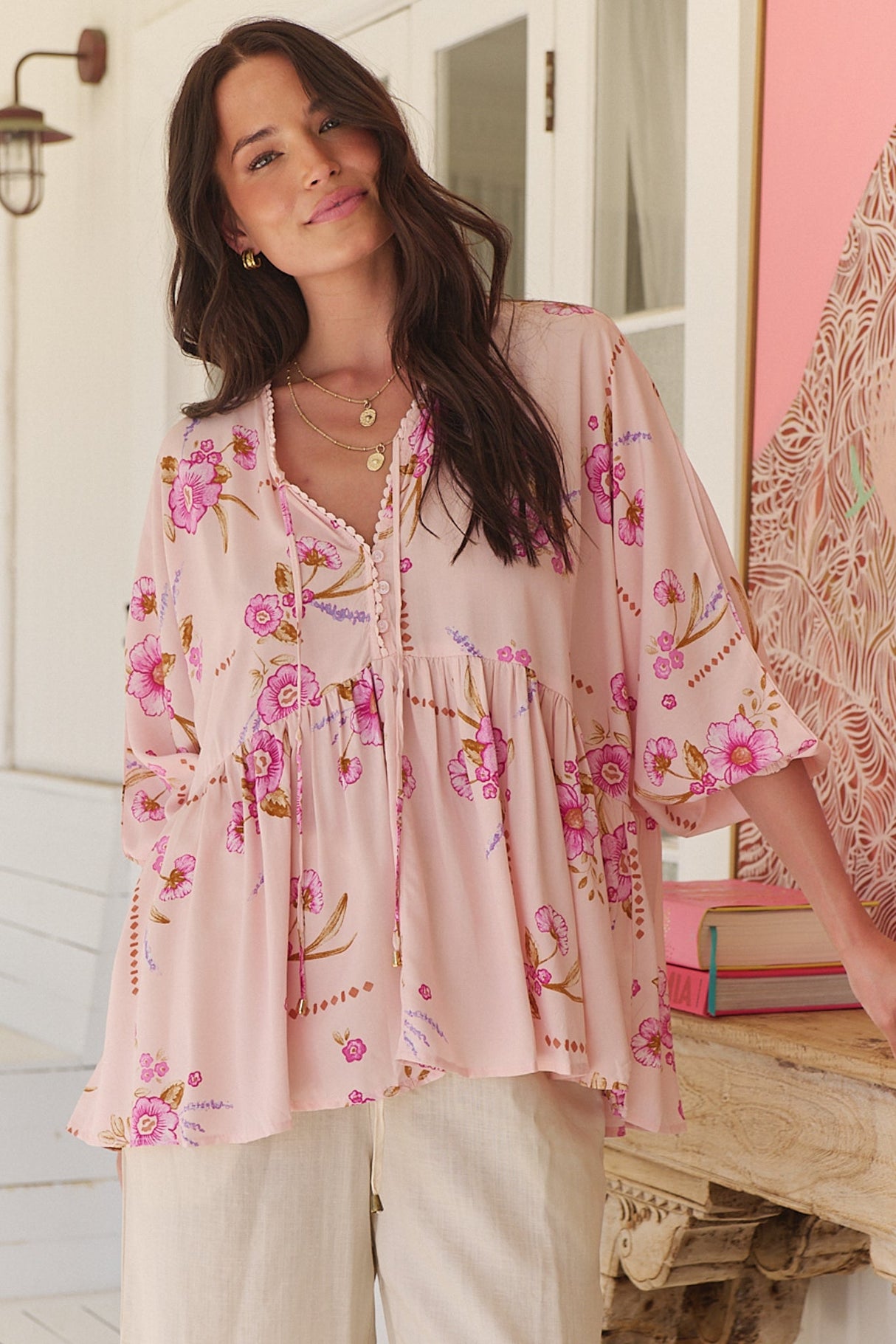 JAASE - Chloe Top: Very Oversized Crochet Trim Neckline Smock Top in Blushing Fields Print