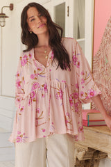 JAASE - Chloe Top: Very Oversized Crochet Trim Neckline Smock Top in Blushing Fields Print