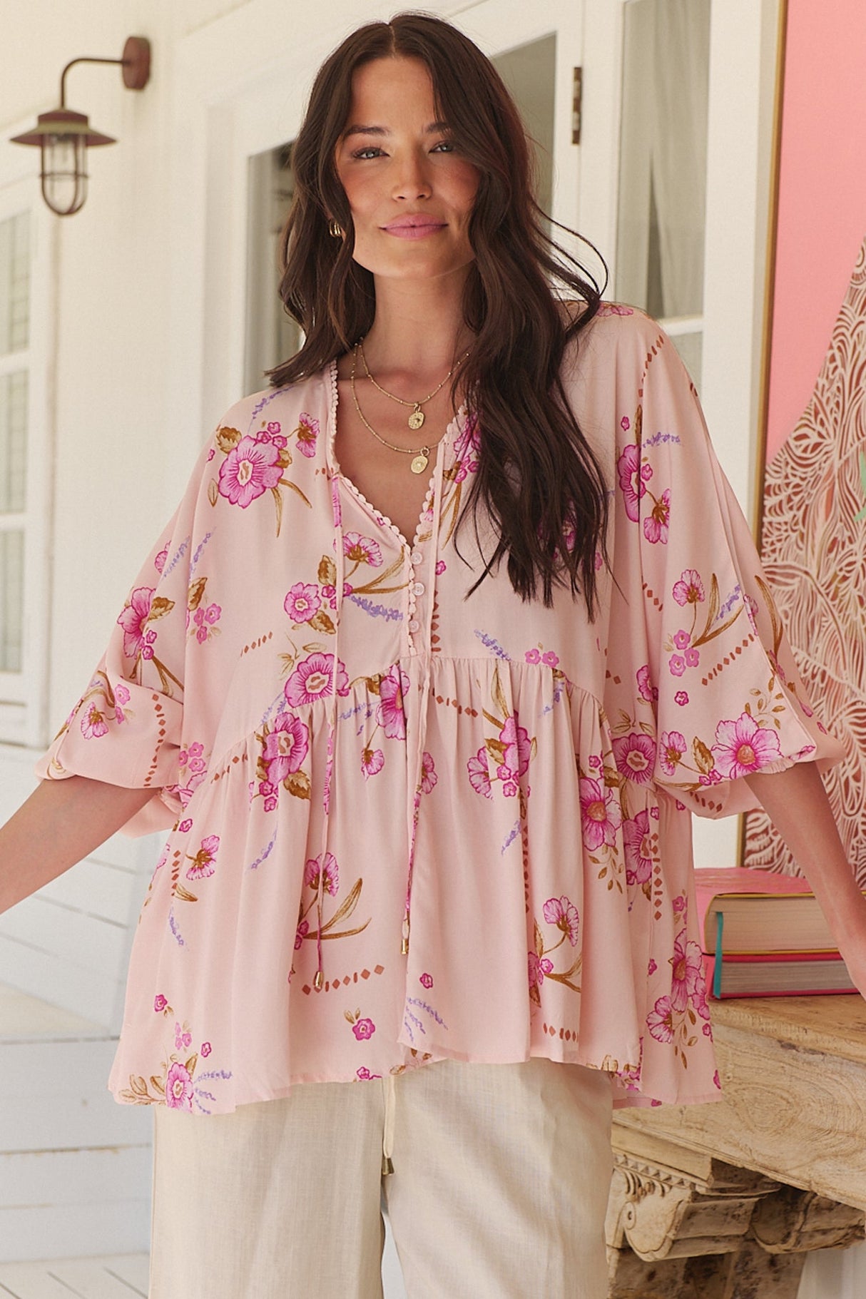 JAASE - Chloe Top: Very Oversized Crochet Trim Neckline Smock Top in Blushing Fields Print