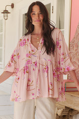 JAASE - Chloe Top: Very Oversized Crochet Trim Neckline Smock Top in Blushing Fields Print