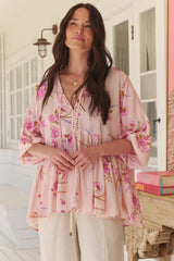 JAASE - Chloe Top: Very Oversized Crochet Trim Neckline Smock Top in Blushing Fields Print