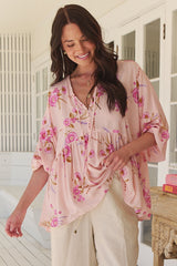 JAASE - Chloe Top: Very Oversized Crochet Trim Neckline Smock Top in Blushing Fields Print