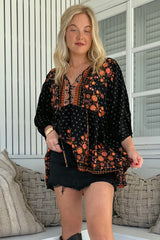 JAASE - Chloe Top: Very Oversized Crochet Trim Neckline Smock Top in Emmery Print