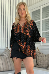 JAASE - Chloe Top: Very Oversized Crochet Trim Neckline Smock Top in Emmery Print