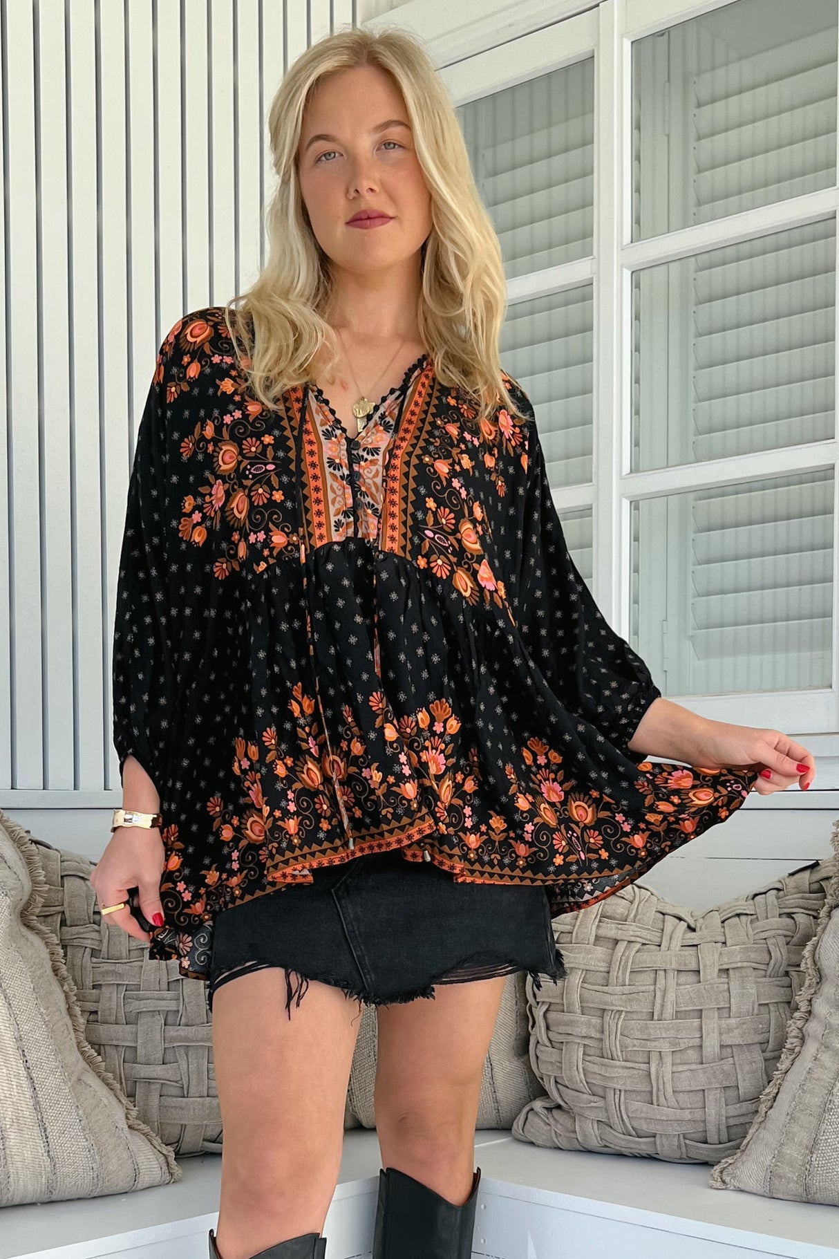 JAASE - Chloe Top: Very Oversized Crochet Trim Neckline Smock Top in Emmery Print