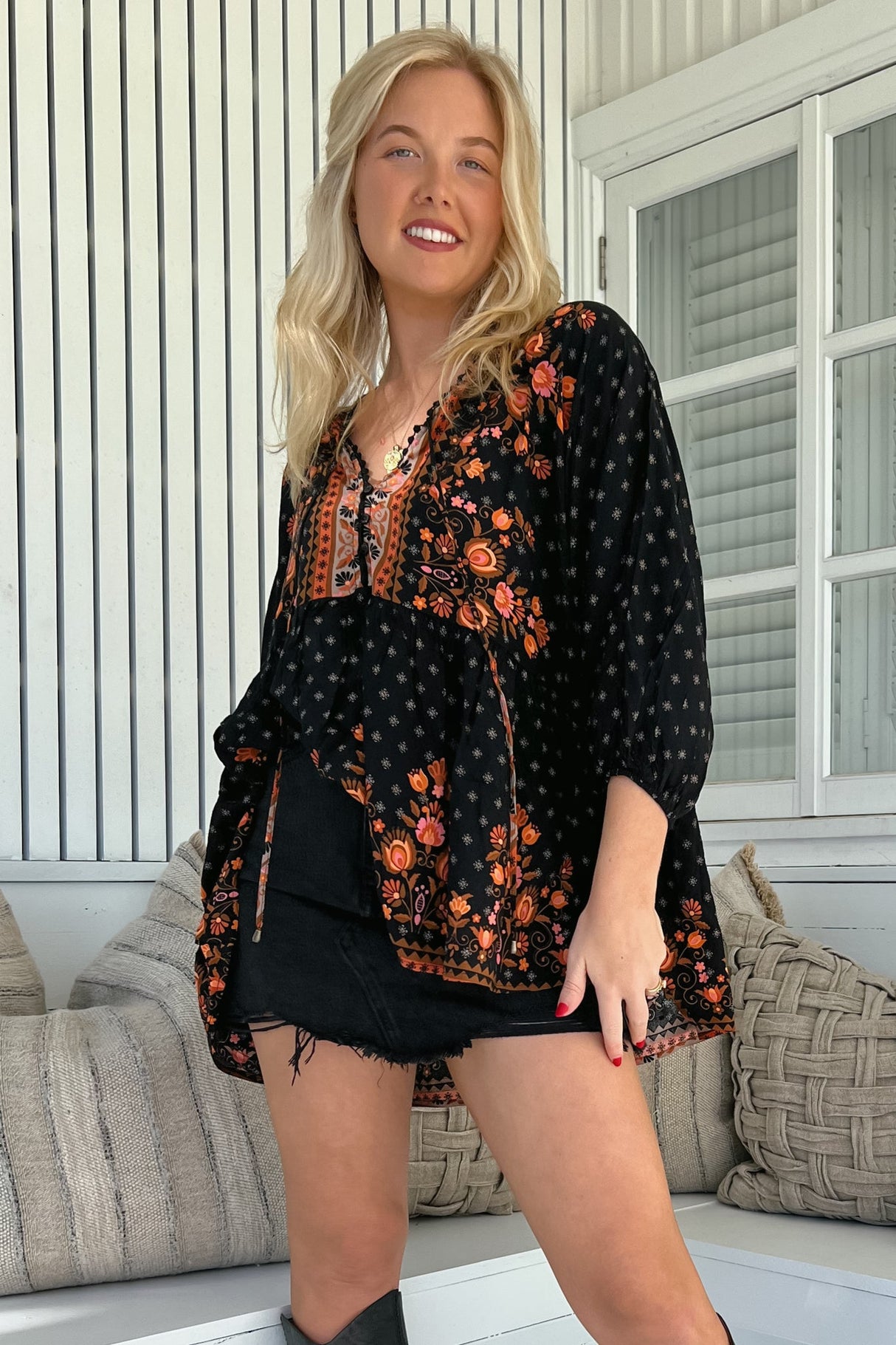 JAASE - Chloe Top: Very Oversized Crochet Trim Neckline Smock Top in Emmery Print