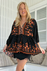 JAASE - Chloe Top: Very Oversized Crochet Trim Neckline Smock Top in Emmery Print