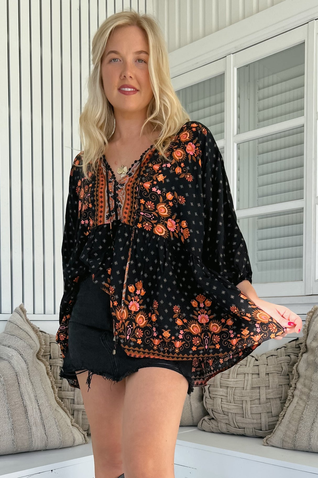 JAASE - Chloe Top: Very Oversized Crochet Trim Neckline Smock Top in Emmery Print