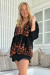 JAASE - Chloe Top: Very Oversized Crochet Trim Neckline Smock Top in Emmery Print