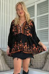 JAASE - Chloe Top: Very Oversized Crochet Trim Neckline Smock Top in Emmery Print