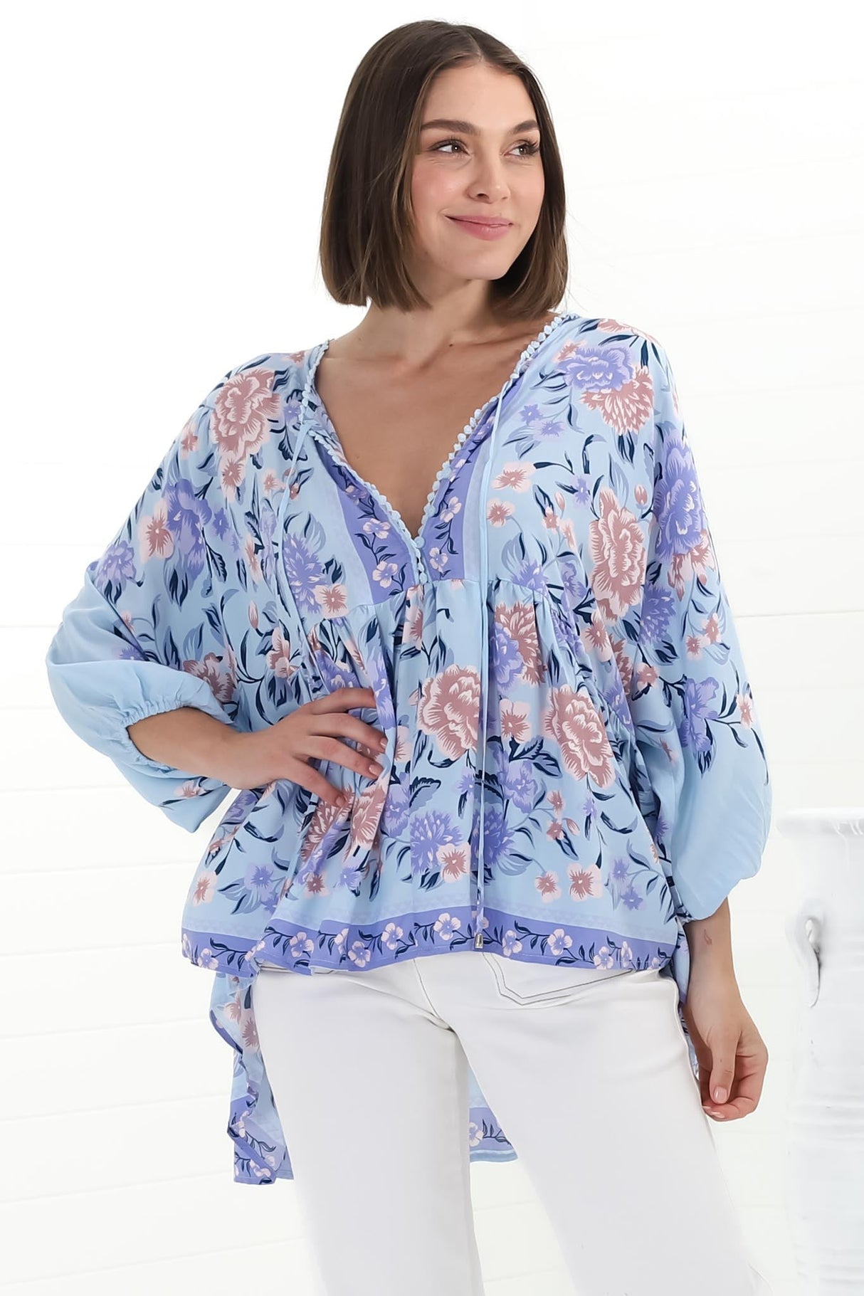 JAASE - Chloe Top: Very Oversized Crochet Trim Neckline Smock Top in Heaven Print