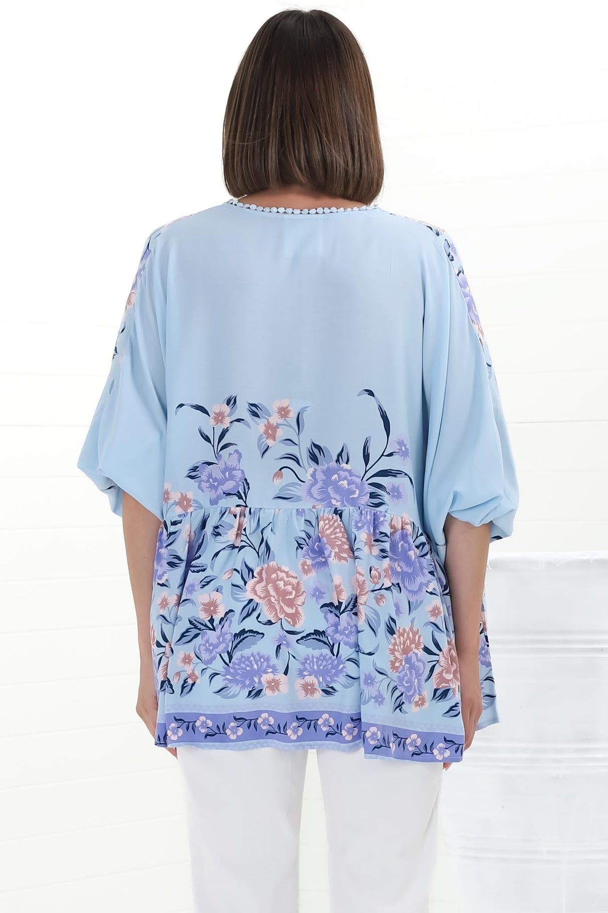 JAASE - Chloe Top: Very Oversized Crochet Trim Neckline Smock Top in Heaven Print